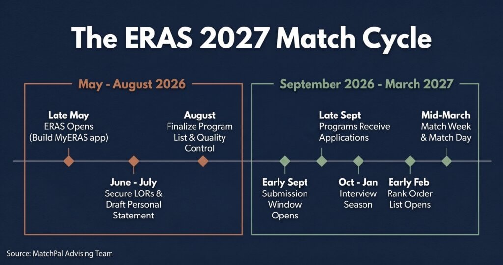ERAS 2027 timeline graphic titled "The ERAS 2027 Match Cycle" divided into two phases. May-August 2026 includes: late May ERAS opens; June-July secure LORs and draft personal statement; August finalize program list and quality control. September 2026-March 2027 includes: early September submission window opens; late September programs receive applications; October-January interview season; early February rank order list opens; mid-March Match Week and Match Day. Source: MatchPal Advising Team.