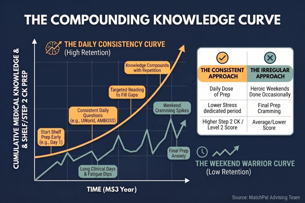 A line graph titled "The Compounding Knowledge Curve" contrasting two MS3 study methods over time. An upward-trending orange line, "The Daily Consistency Curve," shows steady knowledge growth and high retention achieved through early, daily preparation. A jagged green line, "The Weekend Warrior Curve," shows overall low retention marked by sharp spikes from weekend cramming and drops from fatigue. A summary table confirms the consistent approach yields higher Step 2 scores and lower stress compared to the irregular cramming approach.