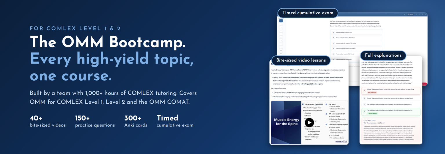 MatchPal OMM Bootcamp for COMLEX Level 1 and 2, showing course screens of a timed cumulative exam, a bite-sized video lesson on muscle energy technique, and a practice question with a full answer explanation.