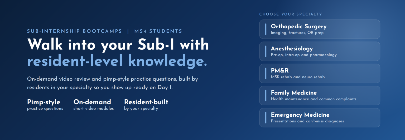 MatchPal Sub-Internship Bootcamps for MS4 students in Orthopedic Surgery, Anesthesiology, PM&R, Family Medicine and Emergency Medicine, with on-demand video review and pimp-style practice questions built by residents.