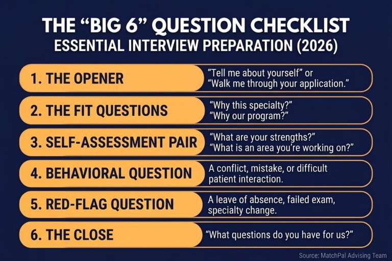 MatchPal infographic titled "The Big 6 Question Checklist: Essential Interview Preparation (2026)." It lists six core residency interview question categories alongside examples: 1. The Opener ("Tell me about yourself"), 2. The Fit Questions ("Why this specialty?"), 3. Self-Assessment Pair (Strengths and areas for work), 4. Behavioral Question (conflict or mistake), 5. Red-Flag Question (leave of absence or failed exam), and 6. The Close ("What questions do you have for us?").