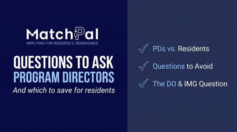 Navy MatchPal title card reading Questions to Ask Program Directors, with three takeaways on scripts for program directors versus residents, questions to avoid, and a DO and IMG specific question.